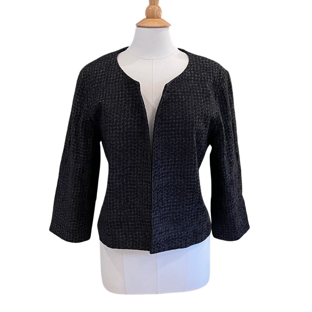 Eileen Fisher Black Textured Open Front Blazer, Cotton, Cropped, Minimalist, XL